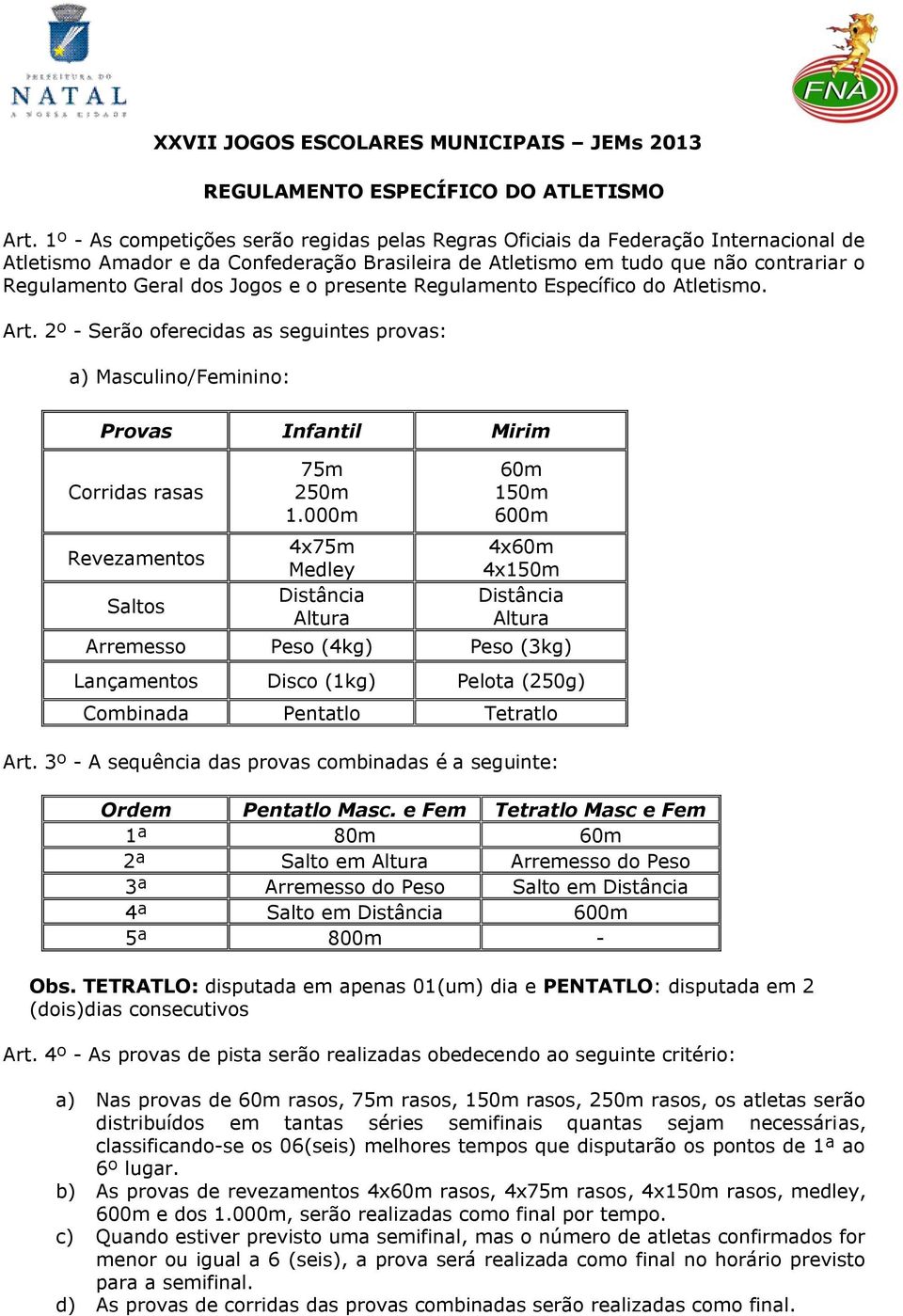 Jogos e o presente Regulamento Específico do Atletismo. Art. 2º - Serão oferecidas as seguintes provas: a) Masculino/Feminino: Provas Infantil Mirim Corridas rasas Revezamentos Saltos 75m 250m 1.