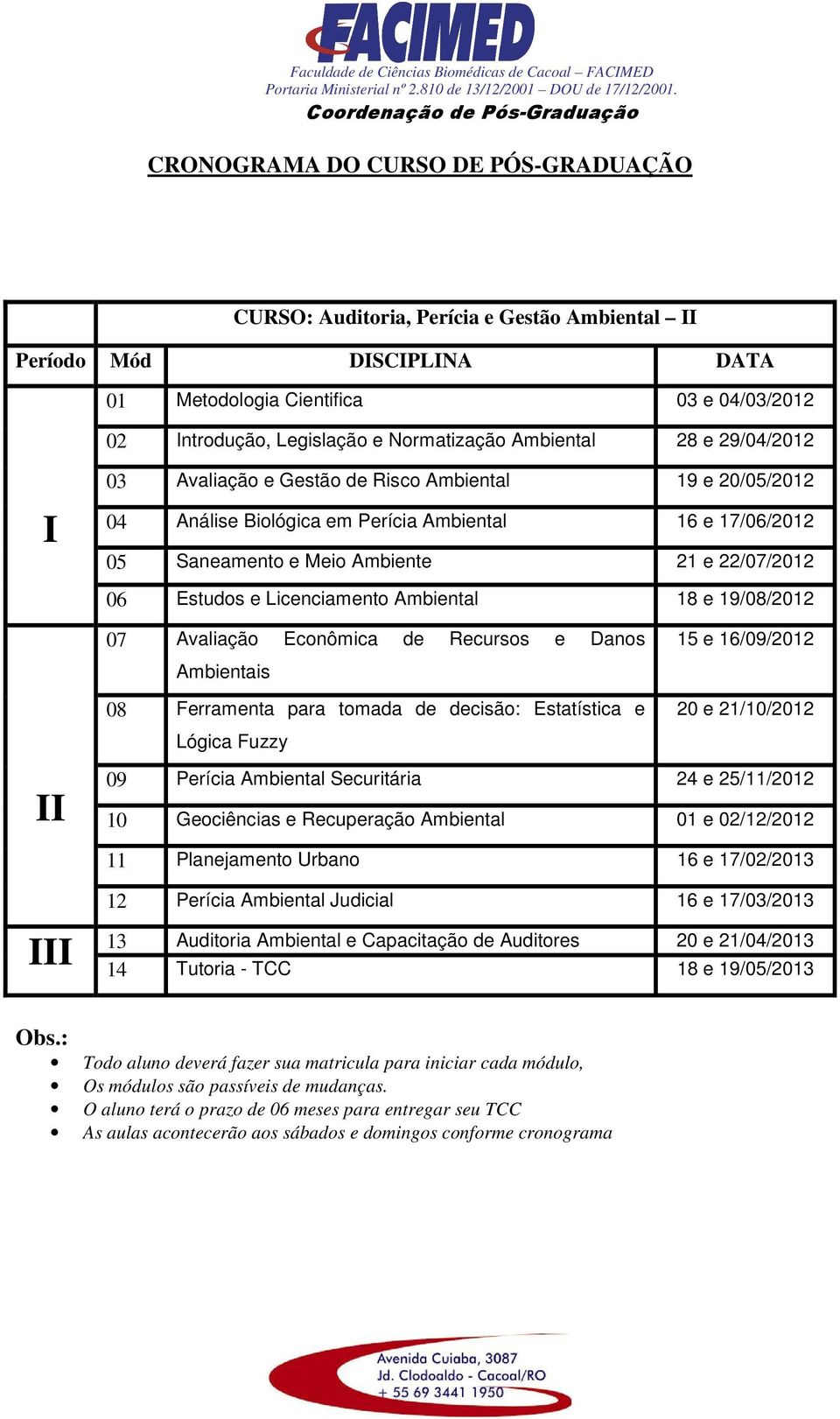 06 Estudos e Licenciamento Ambiental 18 e 19/08/2012 07 Avaliação Econômica de Recursos e Danos Ambientais 08 Ferramenta para tomada de decisão: Estatística e Lógica Fuzzy 15 e 16/09/2012 20 e