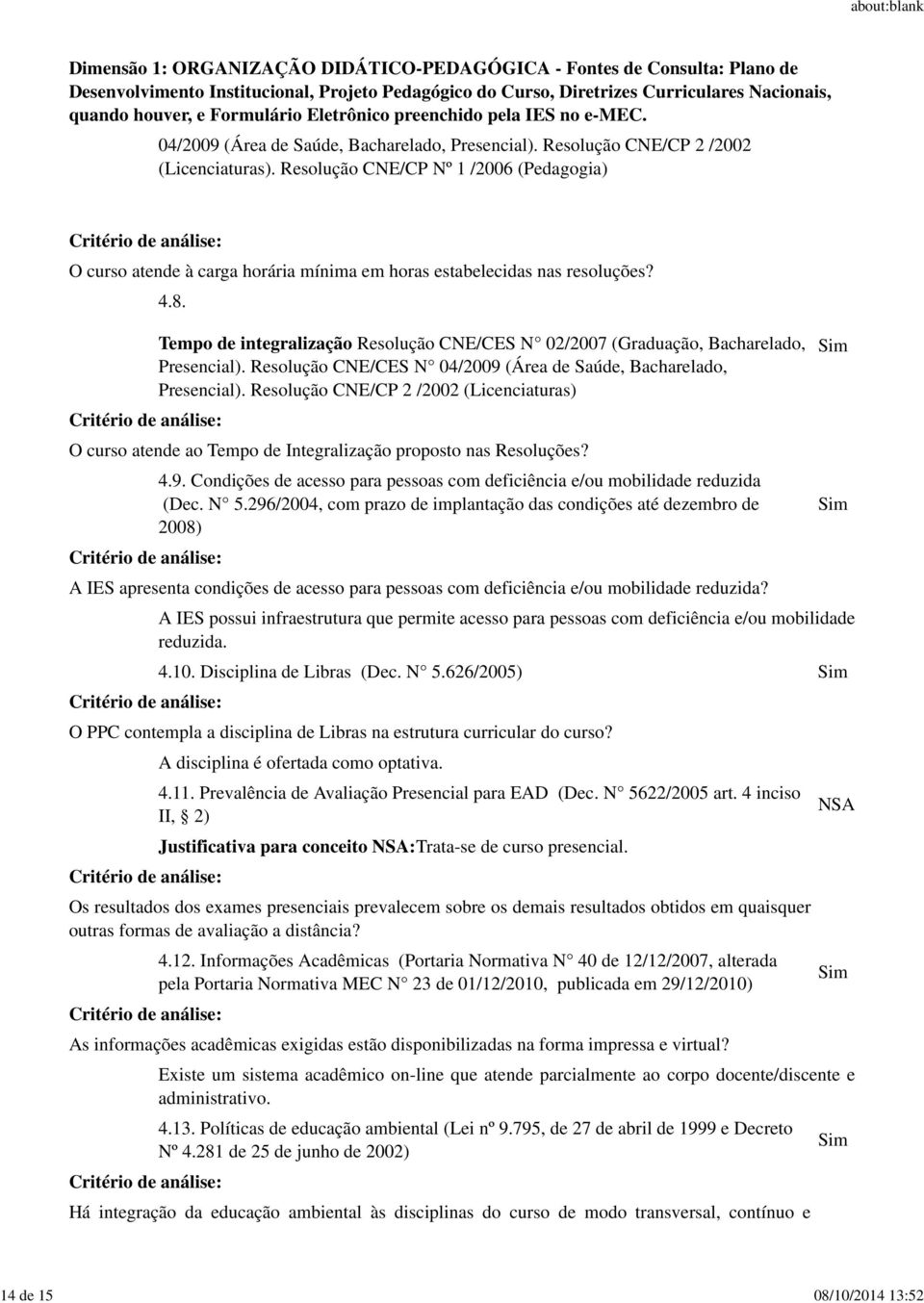 Tempo de integralização Resolução CNE/CES N 02/2007 (Graduação, Bacharelado, Presencial). Resolução CNE/CES N 04/2009 (Área de Saúde, Bacharelado, Presencial).