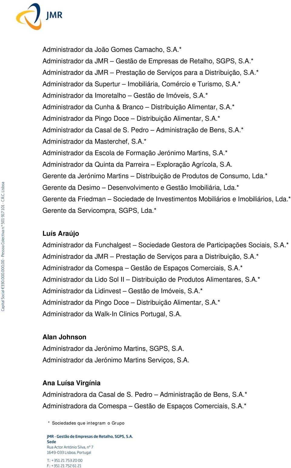 Pedro Administração de Bens, S.A.* Administrador da Masterchef, S.A.* Administrador da Escola de Formação Jerónimo Martins, S.A.* Administrador da Quinta da Parreira Exploração Agrícola, S.A. Gerente da Jerónimo Martins Distribuição de Produtos de Consumo, Lda.