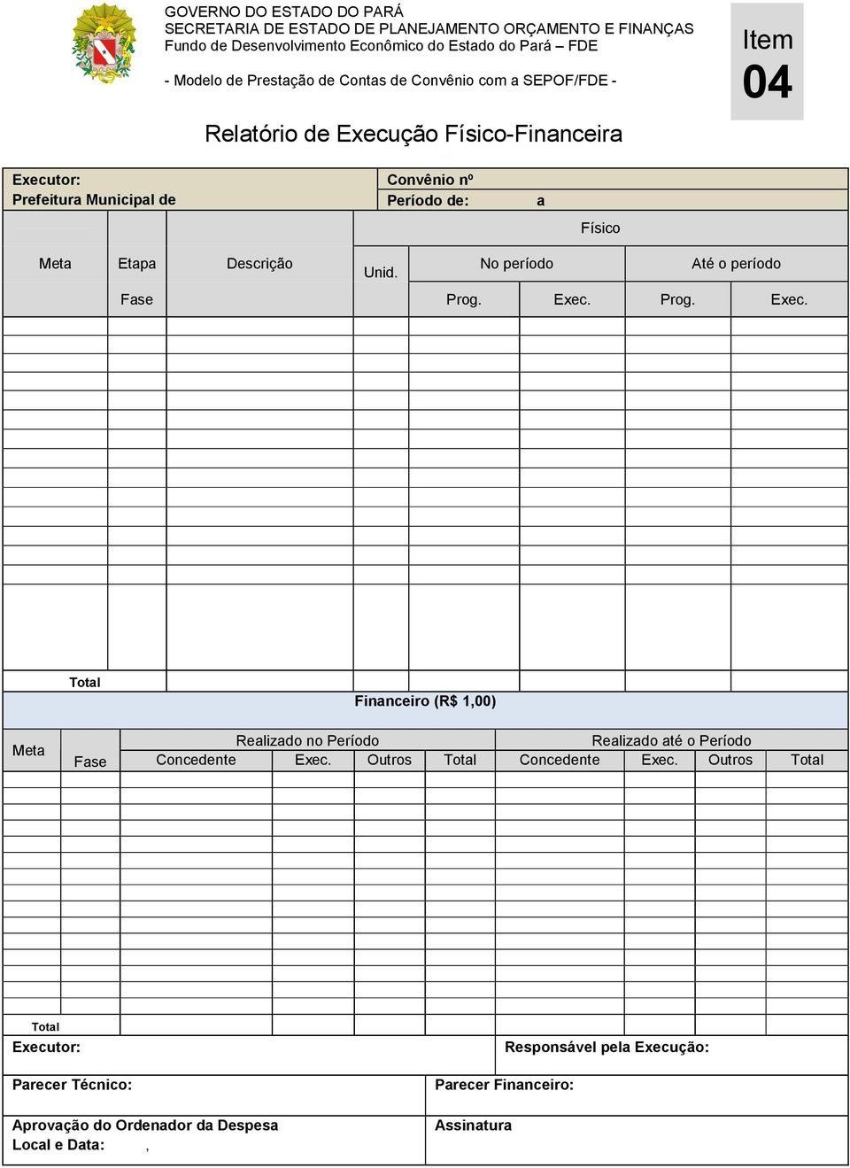 Prog. Exec. Total Financeiro (R$ 1,00) Meta Realizado no Período Realizado até o Período Fase Concedente Exec.