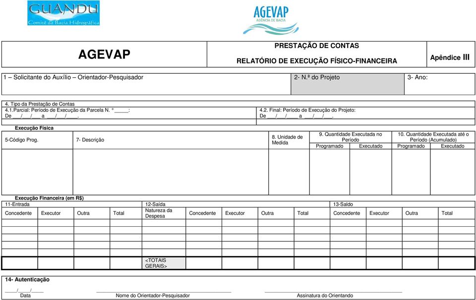 Quantidade Executada até o Período (Acumulado) Programado Executado Programado Executado Execução Financeira (em R$) 11-Entrada 12-Saída 13-Saldo Concedente Executor Outra Total Natureza da