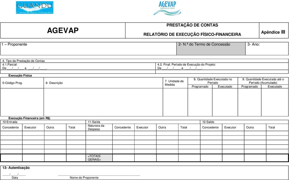 Quantidade Executada até o Período (Acumulado) Programado Executado Programado Executado Execução Financeira (em R$) 10-Entrada 11-Saída 12-Saldo Concedente Executor