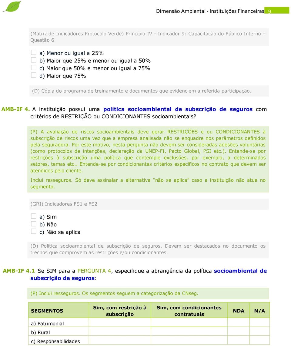 A instituição possui uma política socioambiental de subscrição de seguros com critérios de RESTRIÇÃO ou CONDICIONANTES socioambientais?