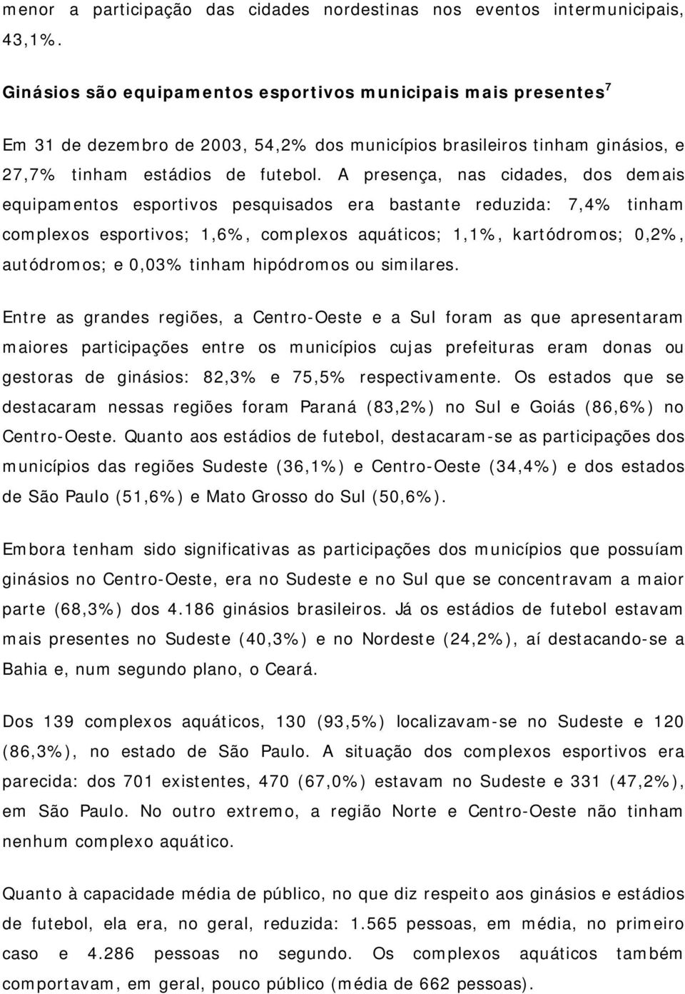 A presença, nas cidades, dos demais equipamentos esportivos pesquisados era bastante reduzida: 7,4% tinham complexos esportivos; 1,6%, complexos aquáticos; 1,1%, kartódromos; 0,2%, autódromos; e