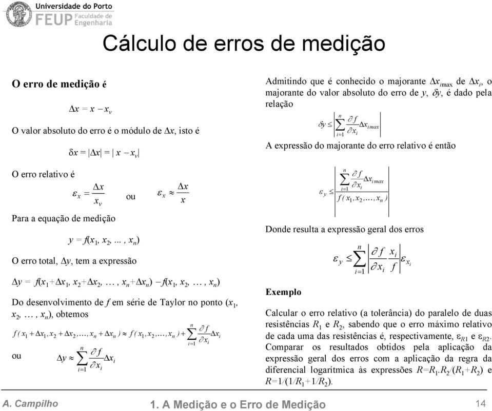 + x2, K,x + x ) f ( x1,x2, K,x ) + =1 x y =1 f x x f x x Admtdo que é cohecdo o majorate x max de x, o majorate do valor absoluto do erro de y, δy, é dado pela relação A expressão do majorate do erro