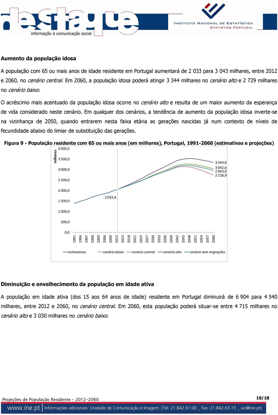 O acréscimo mais acentuado da população idosa ocorre no cenário alto e resulta de um maior aumento da esperança de vida considerado neste cenário.