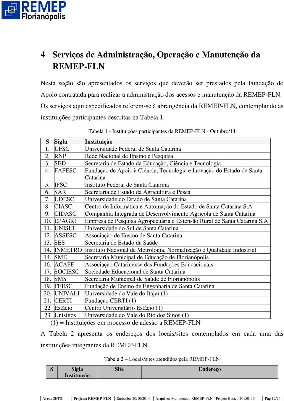 Tabela - Instituições participantes da REMEP-FLN - Outubro/4 S Sigla Instituição. UFSC Universidade Federal de Santa Catarina 2. RNP Rede Nacional de Ensino e Pesquisa 3.