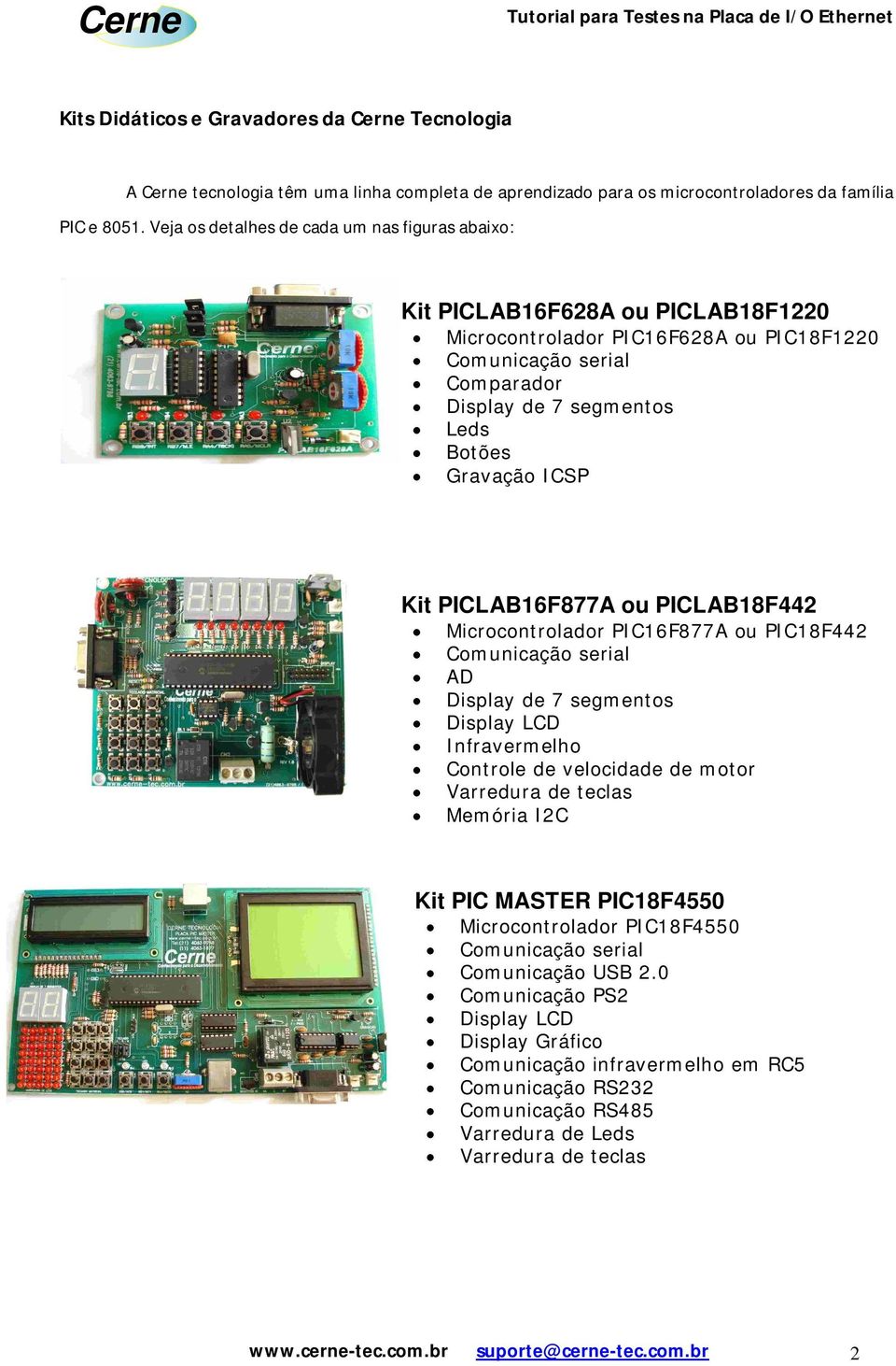 ICSP Kit PICLAB16F877A ou PICLAB18F442 Microcontrolador PIC16F877A ou PIC18F442 Comunicação serial AD Display de 7 segmentos Display LCD Infravermelho Controle de velocidade de motor Varredura de