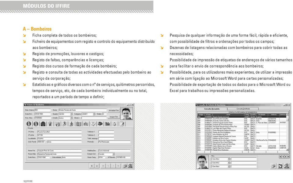 diversos com o nº de serviços, quilómetros percorridos, tempos de serviço, etc, de cada bombeiro individualmente ou no total, reportados a um período de tempo a definir; Pesquisa de qualquer