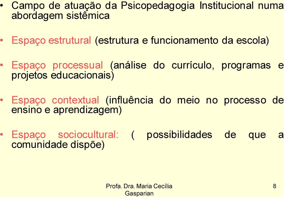 currículo, programas e projetos educacionais) Espaço contextual (influência do meio no