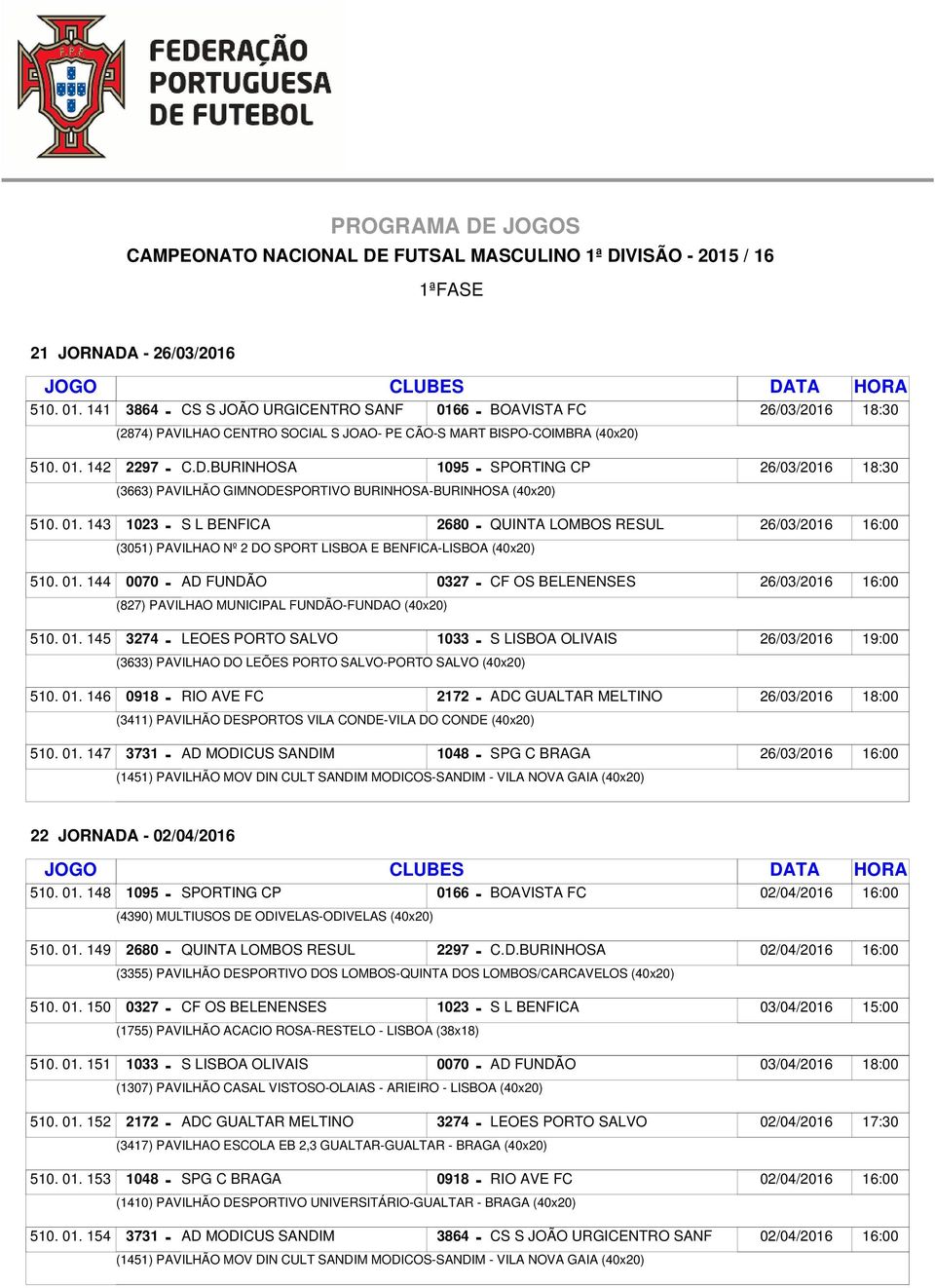 01. 148 02/04/2016 510. 01. 149 02/04/2016 510. 01. 150 1023 - S L BENFICA 03/04/2016 15:00 510. 01. 151 510.