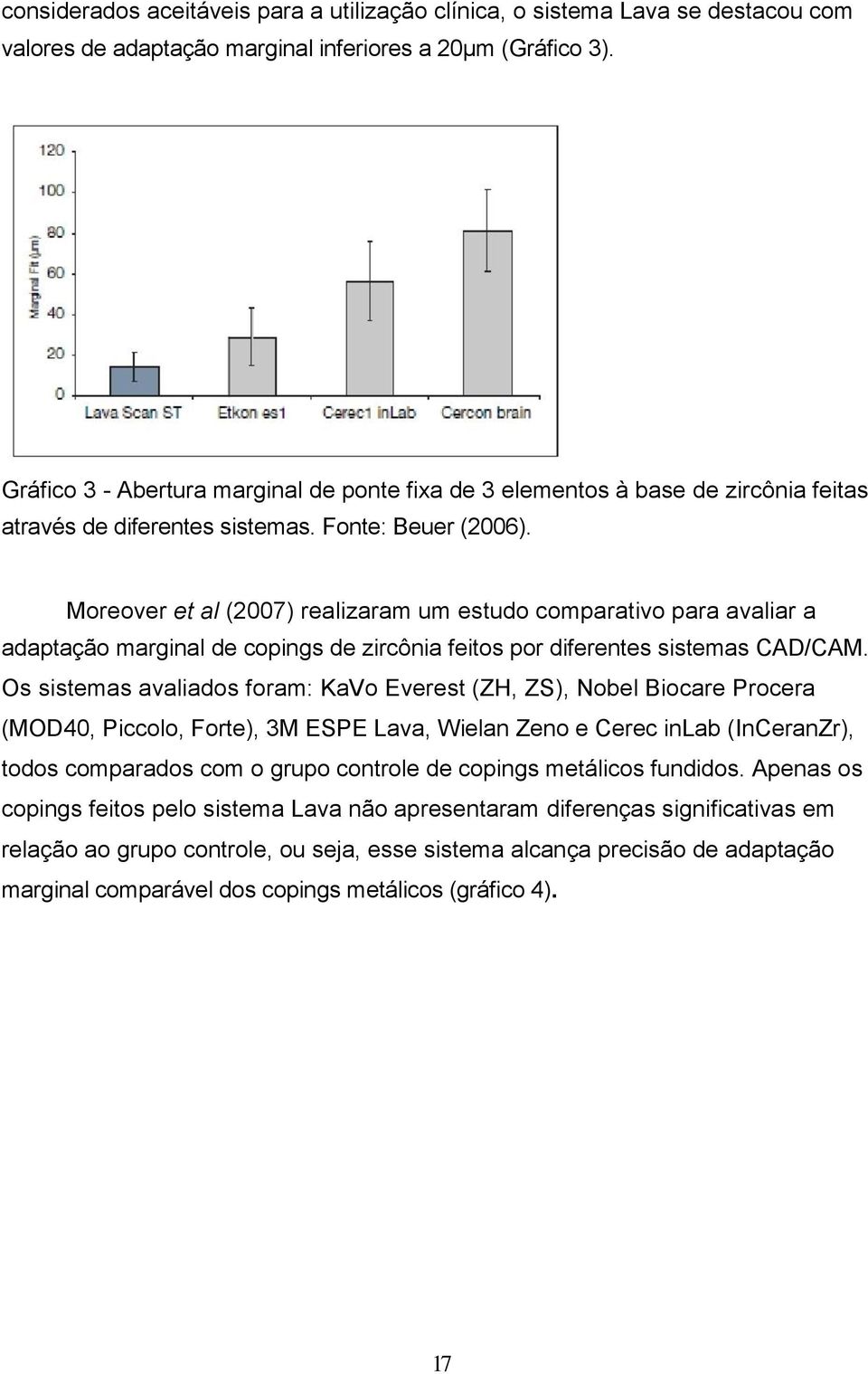 Moreover et al (2007) realizaram um estudo comparativo para avaliar a adaptação marginal de copings de zircônia feitos por diferentes sistemas CAD/CAM.
