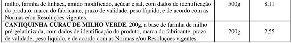 CANJIQUINHA CURAU DE MILHO VERDE, 200g, a base de farinha de milho pré-gelatinizada, com dados de