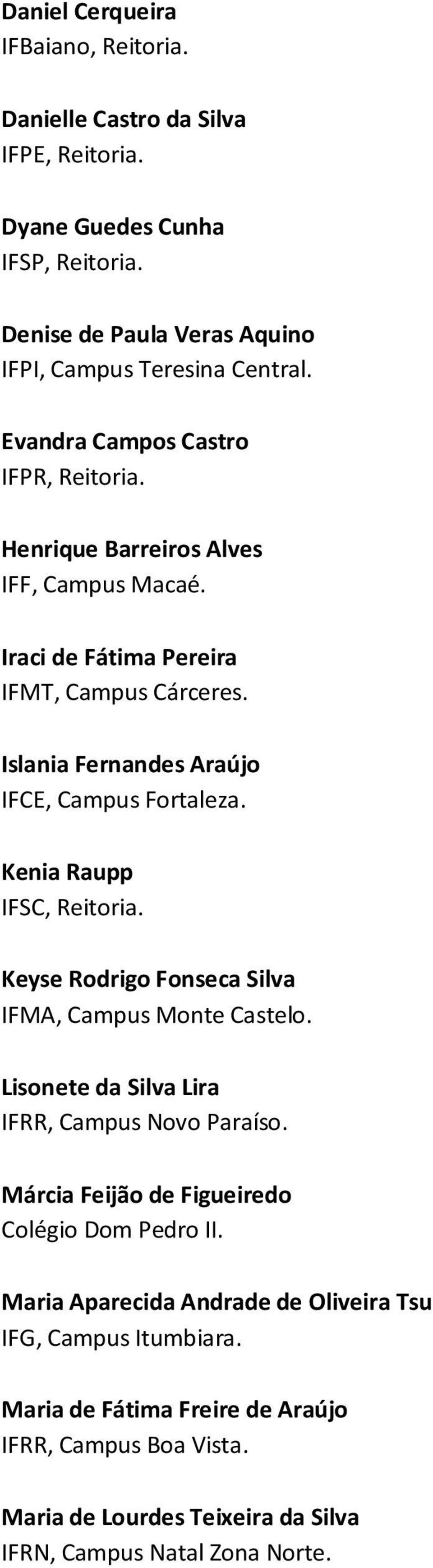 Kenia Raupp IFSC, Reitoria. Keyse Rodrigo Fonseca Silva IFMA, Campus Monte Castelo. Lisonete da Silva Lira IFRR, Campus Novo Paraíso.