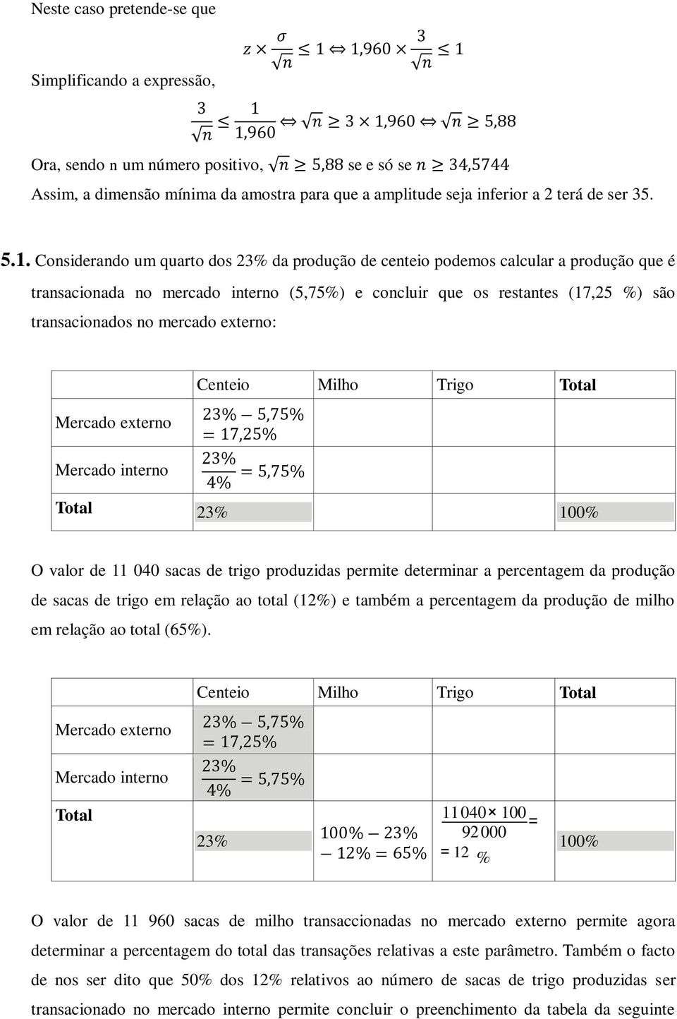 externo: Mercado externo Centeio Milho Trigo Total Mercado interno Total 23% 100% O valor de 11 040 sacas de trigo produzidas permite determinar a percentagem da produção de sacas de trigo em relação