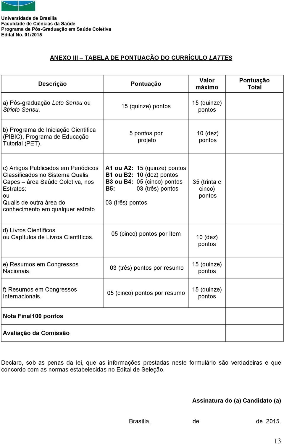 5 pontos por projeto 10 (dez) pontos c) Artigos Publicados em Periódicos Classificados no Sistema Qualis Capes área Saúde Coletiva, nos Estratos: ou Qualis de outra área do conhecimento em qualquer