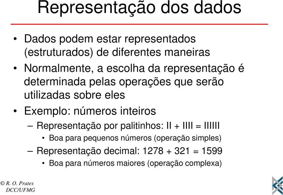 eles Exemplo: números inteiros Representação por palitinhos: II + IIII = IIIIII Boa para pequenos