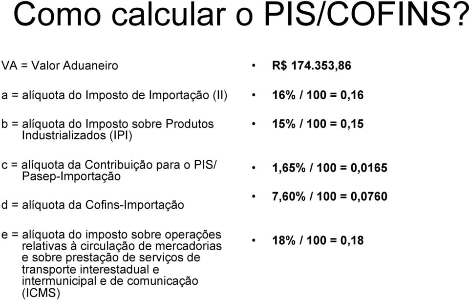 alíquota da Contribuição para o PIS/ Pasep-Importação d = alíquota da Cofins-Importação e = alíquota do imposto sobre operações