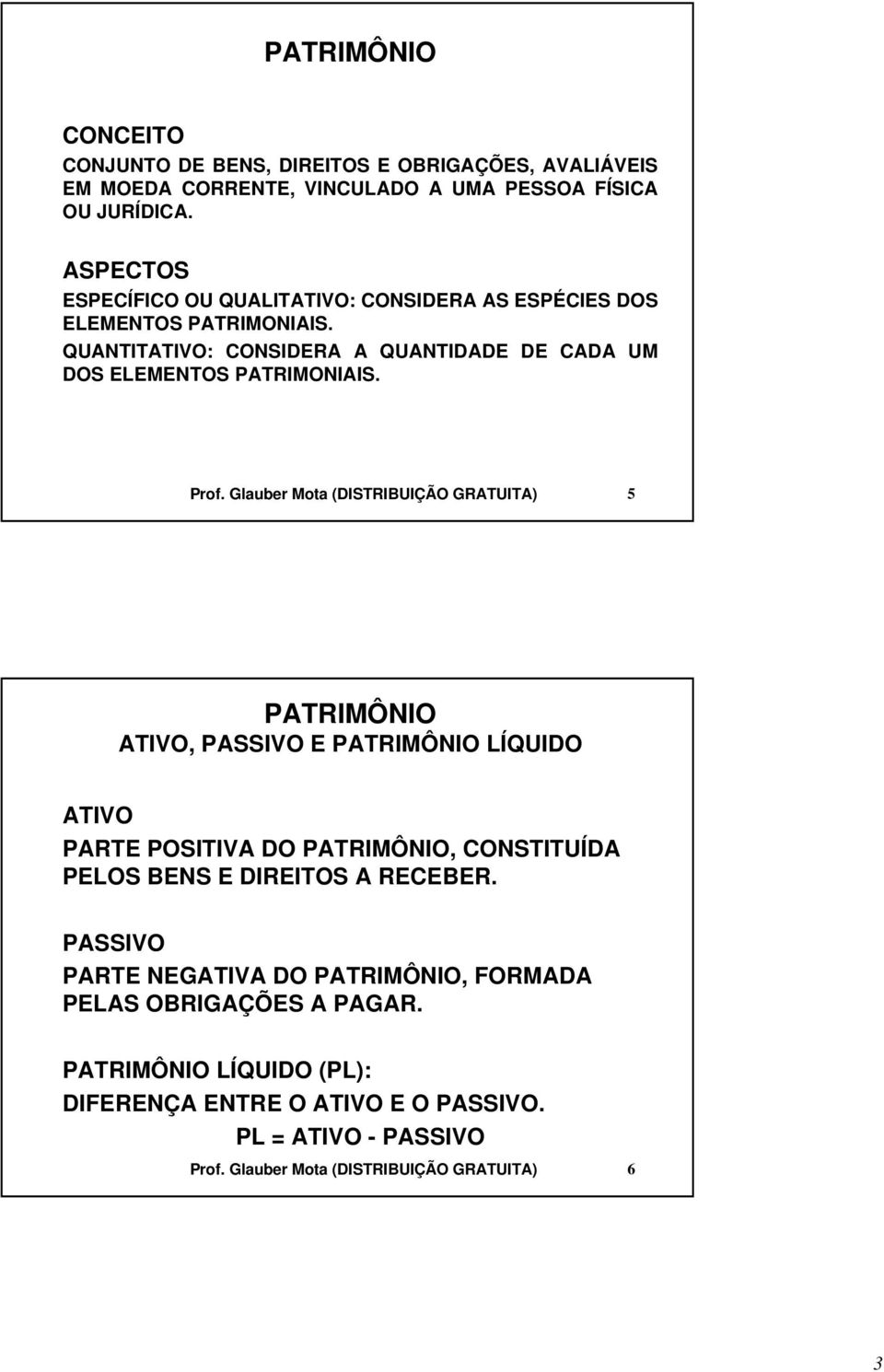 Glauber Mota (DISTRIBUIÇÃO GRATUITA) 5 PATRIMÔNIO ATIVO, PASSIVO E PATRIMÔNIO LÍQUIDO ATIVO PARTE POSITIVA DO PATRIMÔNIO, CONSTITUÍDA PELOS BENS E DIREITOS A RECEBER.