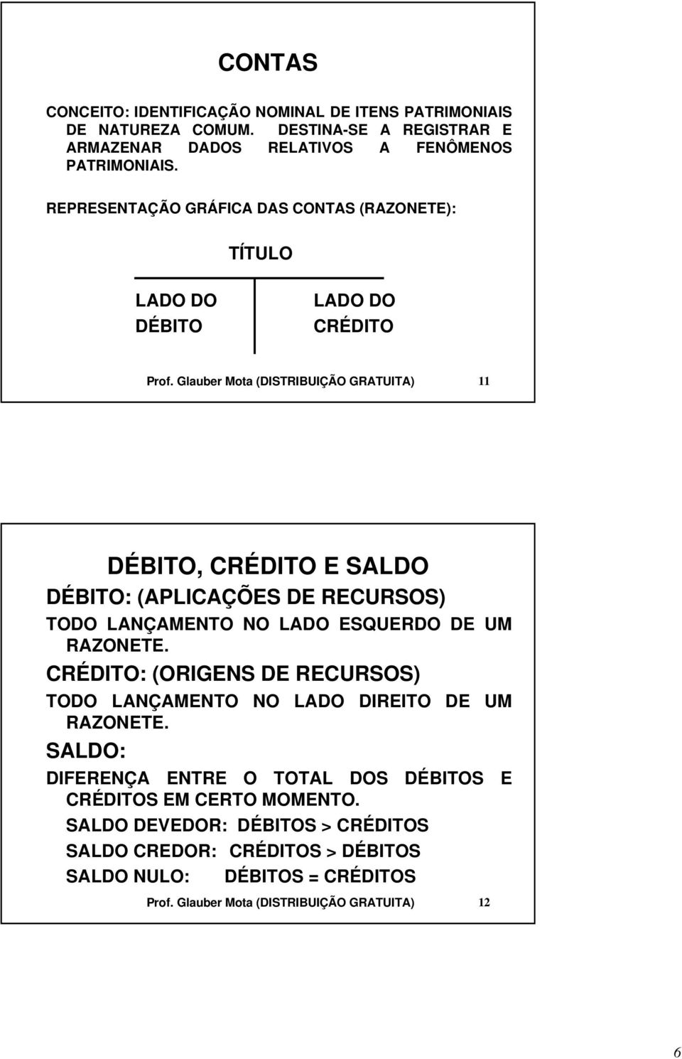 Glauber Mota (DISTRIBUIÇÃO GRATUITA) 11 DÉBITO, CRÉDITO E SALDO DÉBITO: (APLICAÇÕES DE RECURSOS) TODO LANÇAMENTO NO LADO ESQUERDO DE UM RAZONETE.