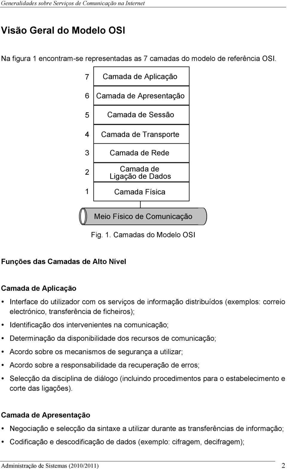 Camada de Aplicação Camada de Apresentação Camada de Sessão Camada de Transporte Camada de Rede Camada de Ligação de Dados Camada Física Meio Físico de Comunicação Fig. 1.