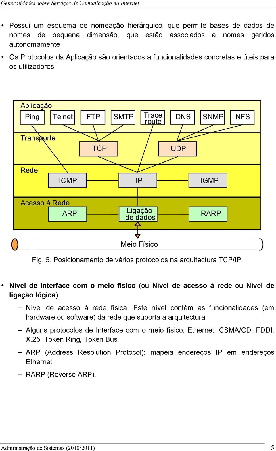 Fig. 6. Posicionamento de vários protocolos na arquitectura TCP/IP. Nível de interface com o meio físico (ou Nível de acesso à rede ou Nível de ligação lógica) Nível de acesso à rede física.