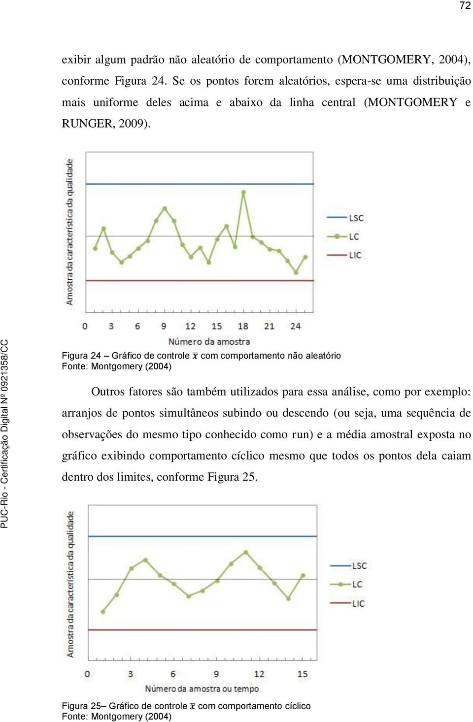Figura 24 Gráfico de controle Fonte: Montgomery (2004) com comportamento não aleatório Outros fatores são também utilizados para essa análise, como por exemplo: arranjos de pontos
