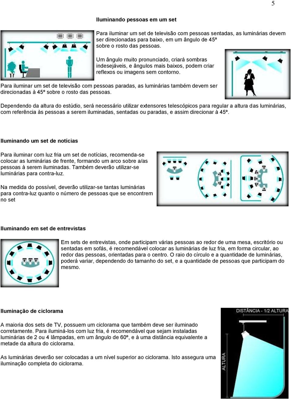 Para iluminar um set de televisão com pessoas paradas, as luminárias também devem ser direcionadas à 45º sobre o rosto das pessoas.