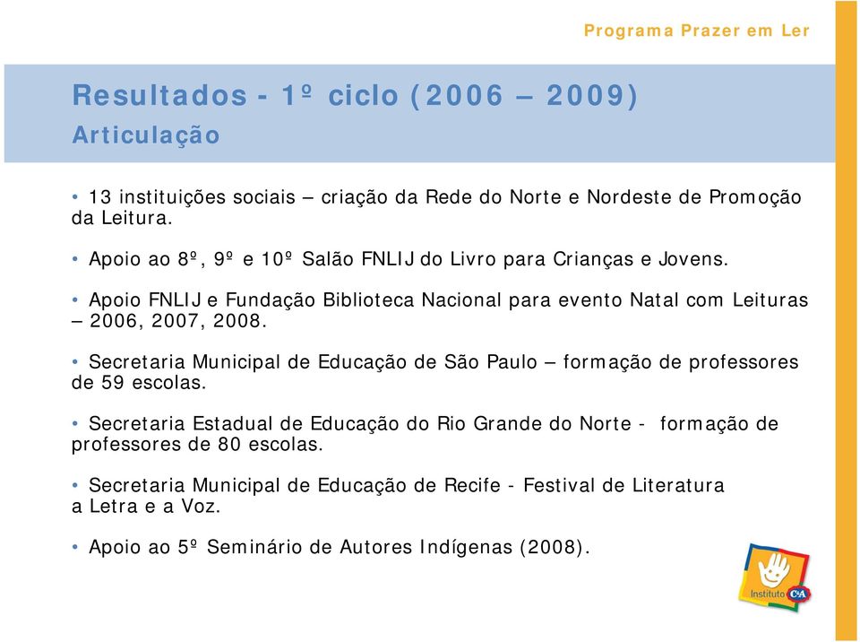 Apoio FNLIJ e Fundação Biblioteca Nacional para evento Natal com Leituras 2006, 2007, 2008.