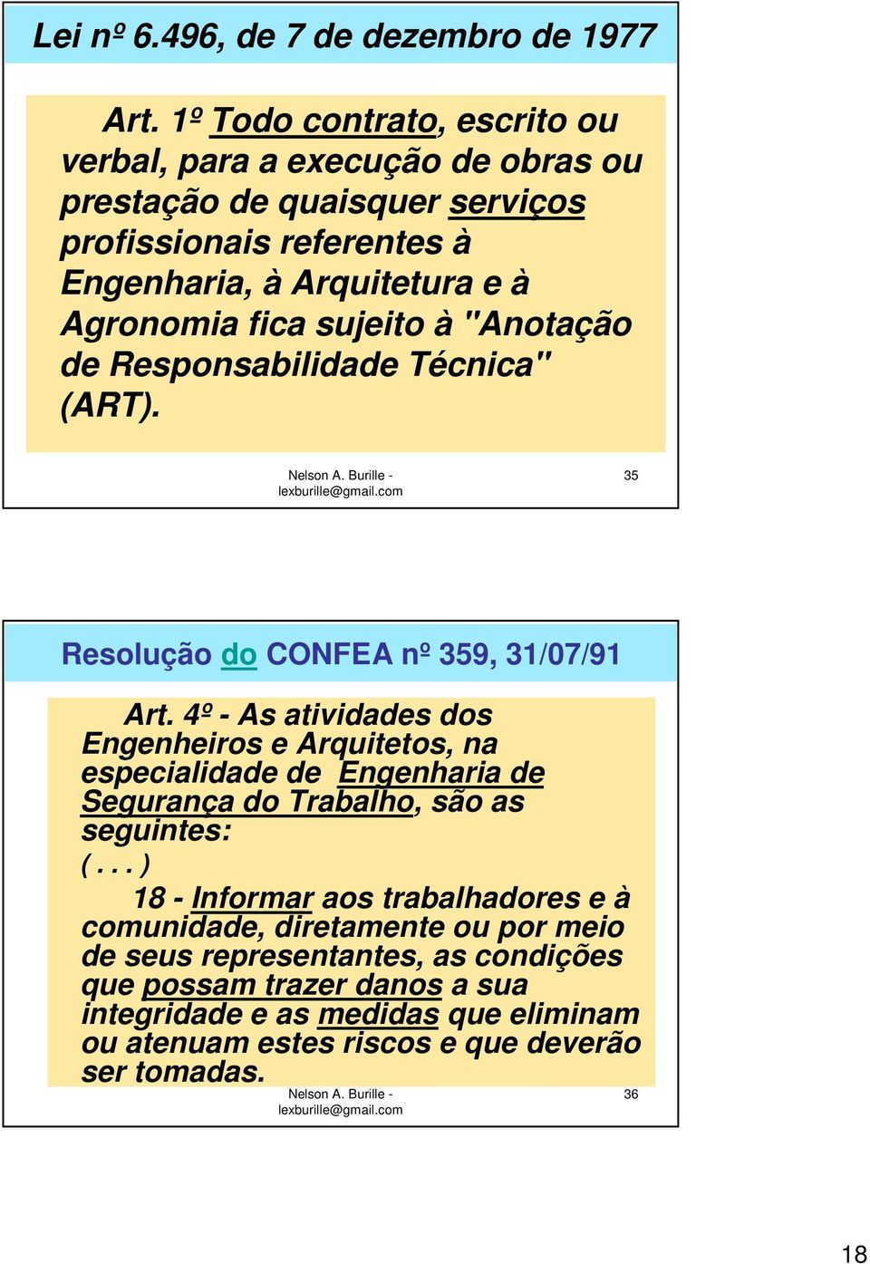 sujeito à "Anotação de Responsabilidade Técnica" (ART). 35 Resolução do CONFEA nº 359, 31/07/91 Art.