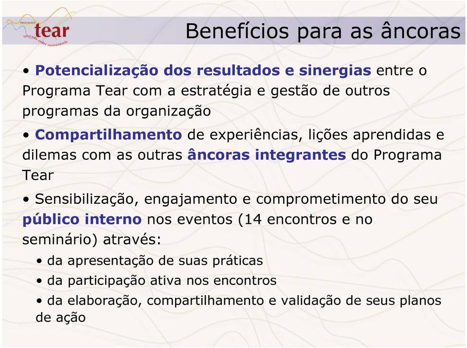 Programa Tear Sensibilização, engajamento e comprometimento do seu público interno nos eventos (14 encontros e no seminário)