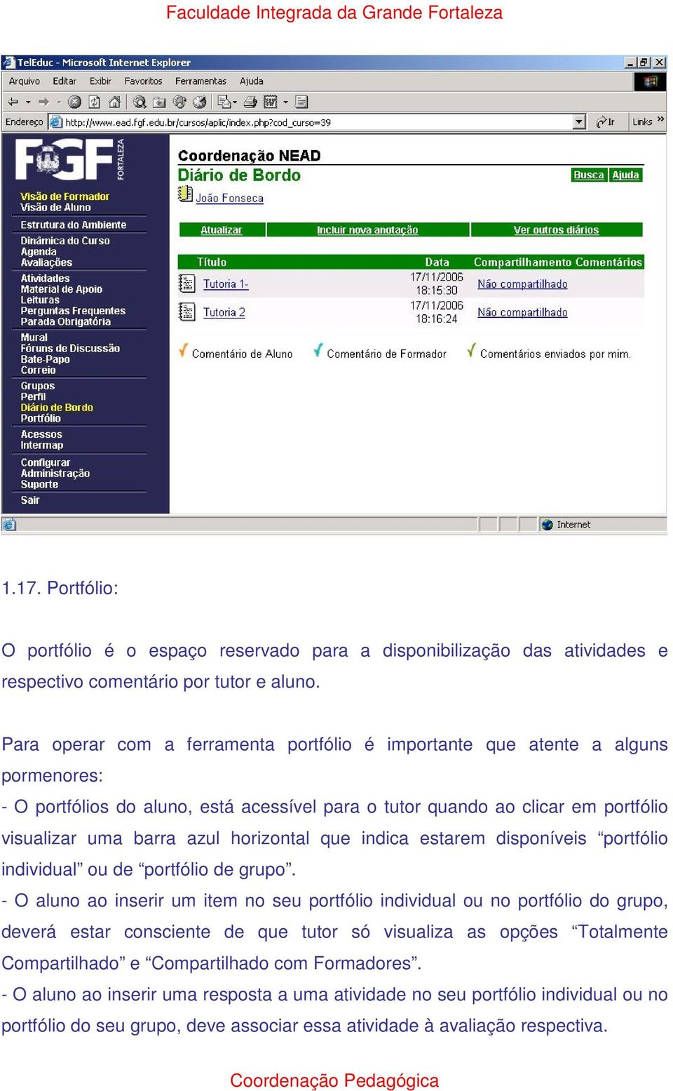 horizontal que indica estarem disponíveis portfólio individual ou de portfólio de grupo.