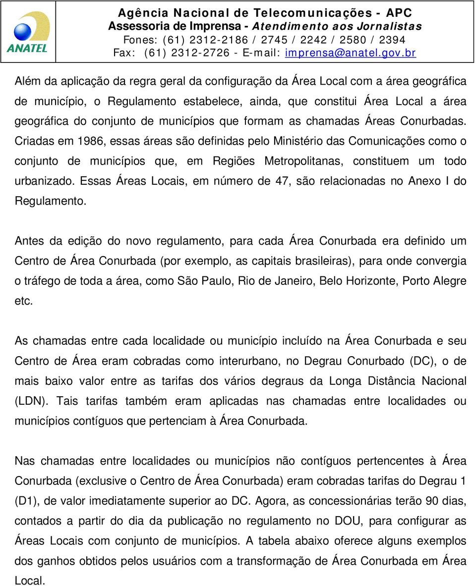 Criadas em 1986, essas áreas são definidas pelo Ministério das Comunicações como o conjunto de municípios que, em Regiões Metropolitanas, constituem um todo urbanizado.