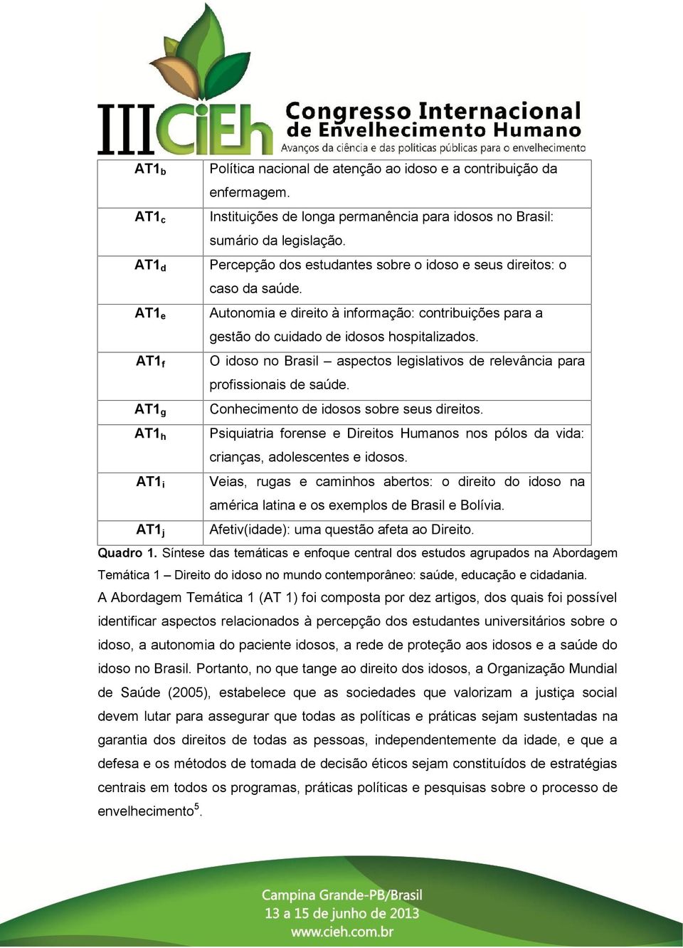 AT1 f O idoso no Brasil aspectos legislativos de relevância para profissionais de saúde. AT1 g Conhecimento de idosos sobre seus direitos.