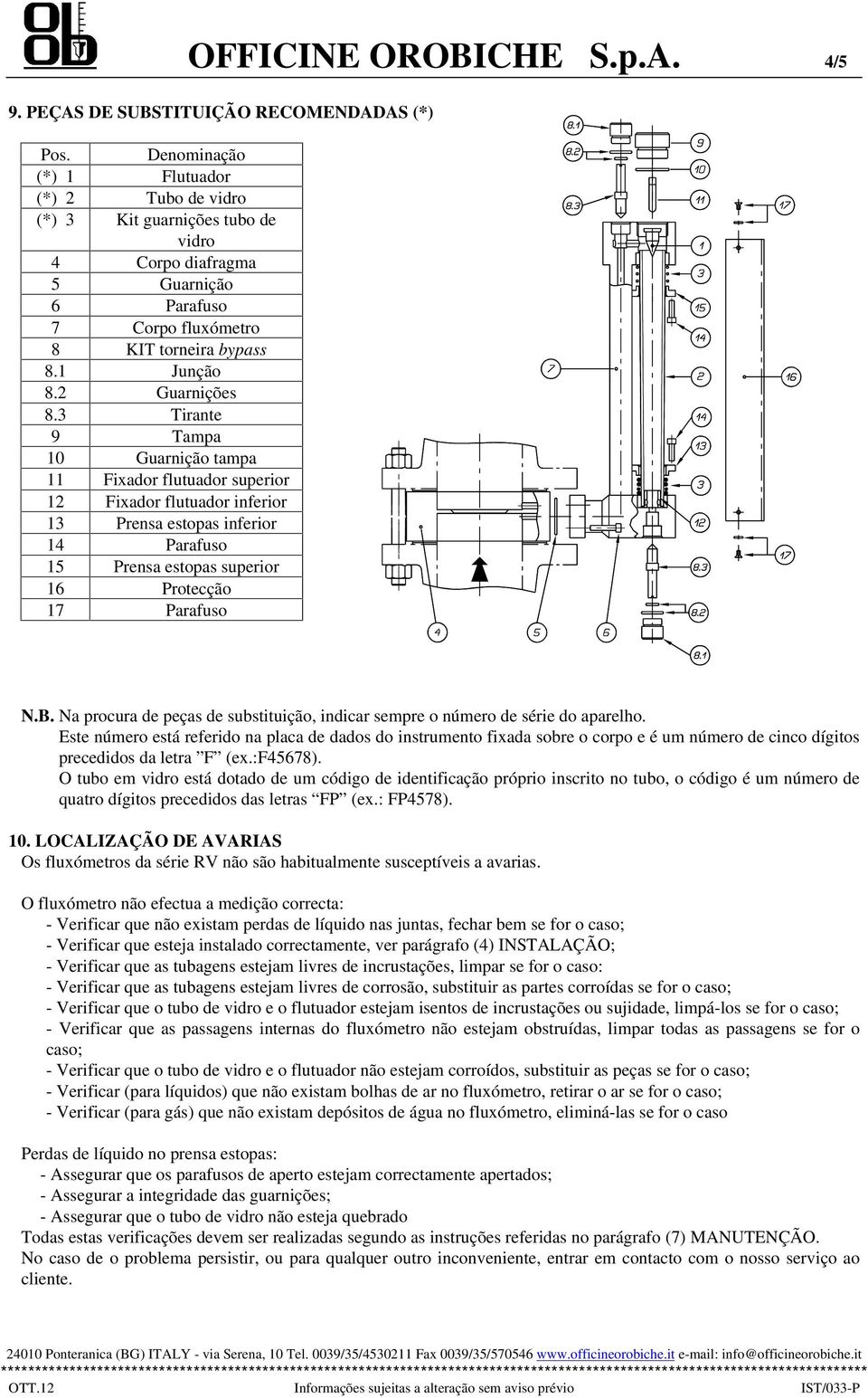 3 Tirante 9 Tampa 10 Guarnição tampa 11 Fixador flutuador superior 12 Fixador flutuador inferior 13 Prensa estopas inferior 14 Parafuso 15 Prensa estopas superior 16 Protecção 17 Parafuso N.B.