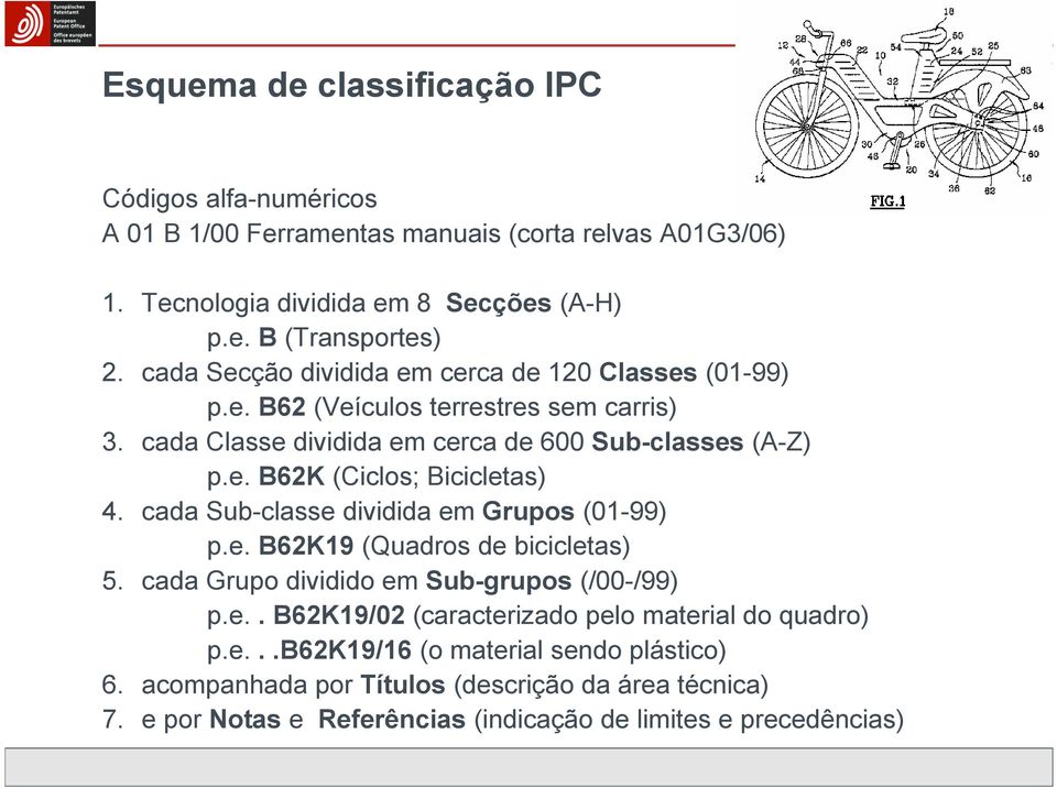cada Sub-classe dividida em Grupos (01-99) p.e. B62K19 (Quadros de bicicletas) 5. cada Grupo dividido em Sub-grupos (/00-/99) p.e.. B62K19/02 (caracterizado pelo material do quadro) p.