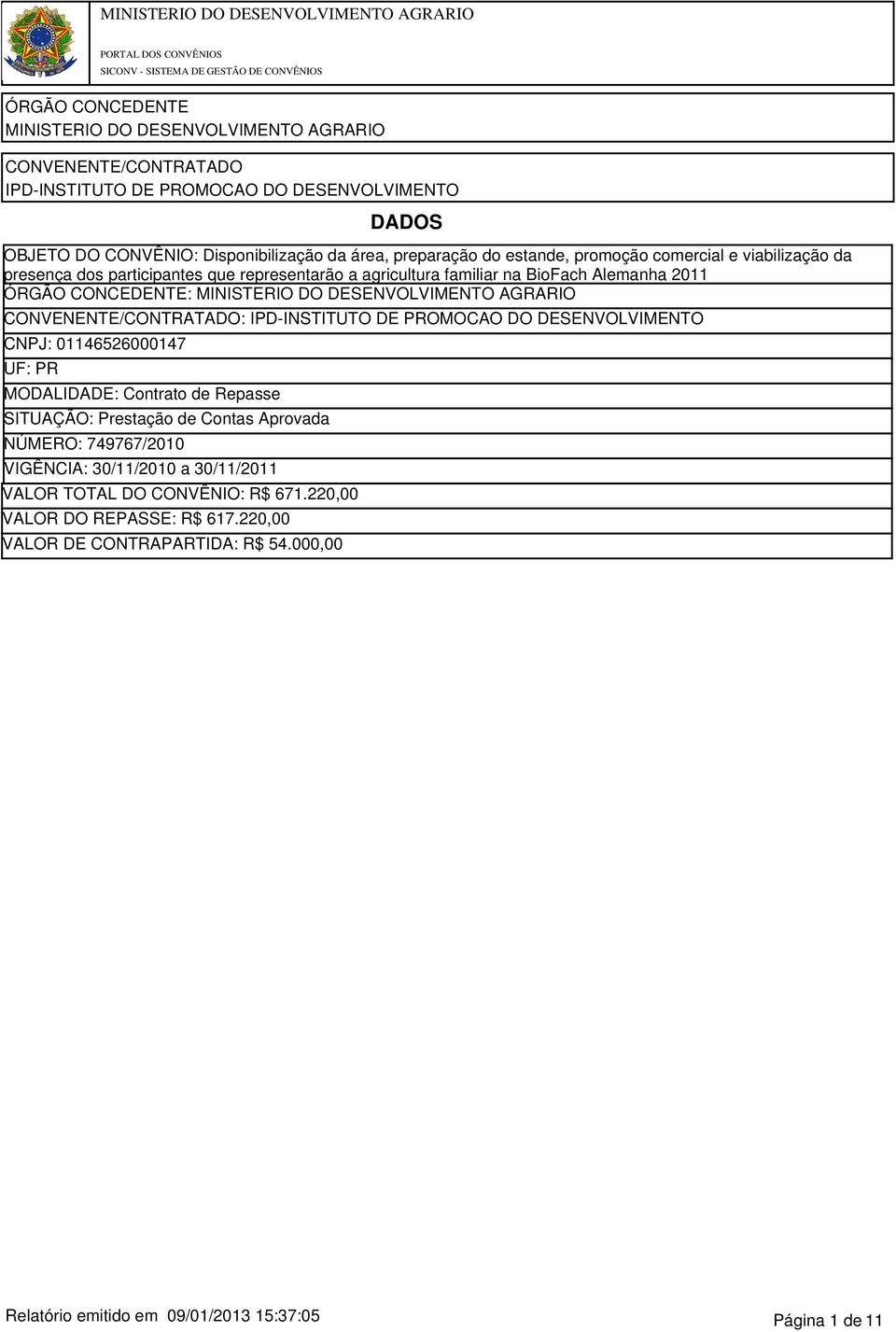 MODALIDADE: Contrato de Repasse SITUAÇÃO: Prestação de Contas Aprovada NÚMERO: 749767/2010 VIGÊNCIA: 30/11/2010 a