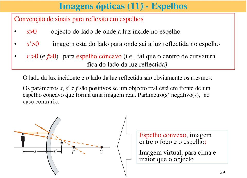 Os parâmetros s, s e f são positivos se um objecto real está em frente de um espelho côncavo que forma uma imagem real.