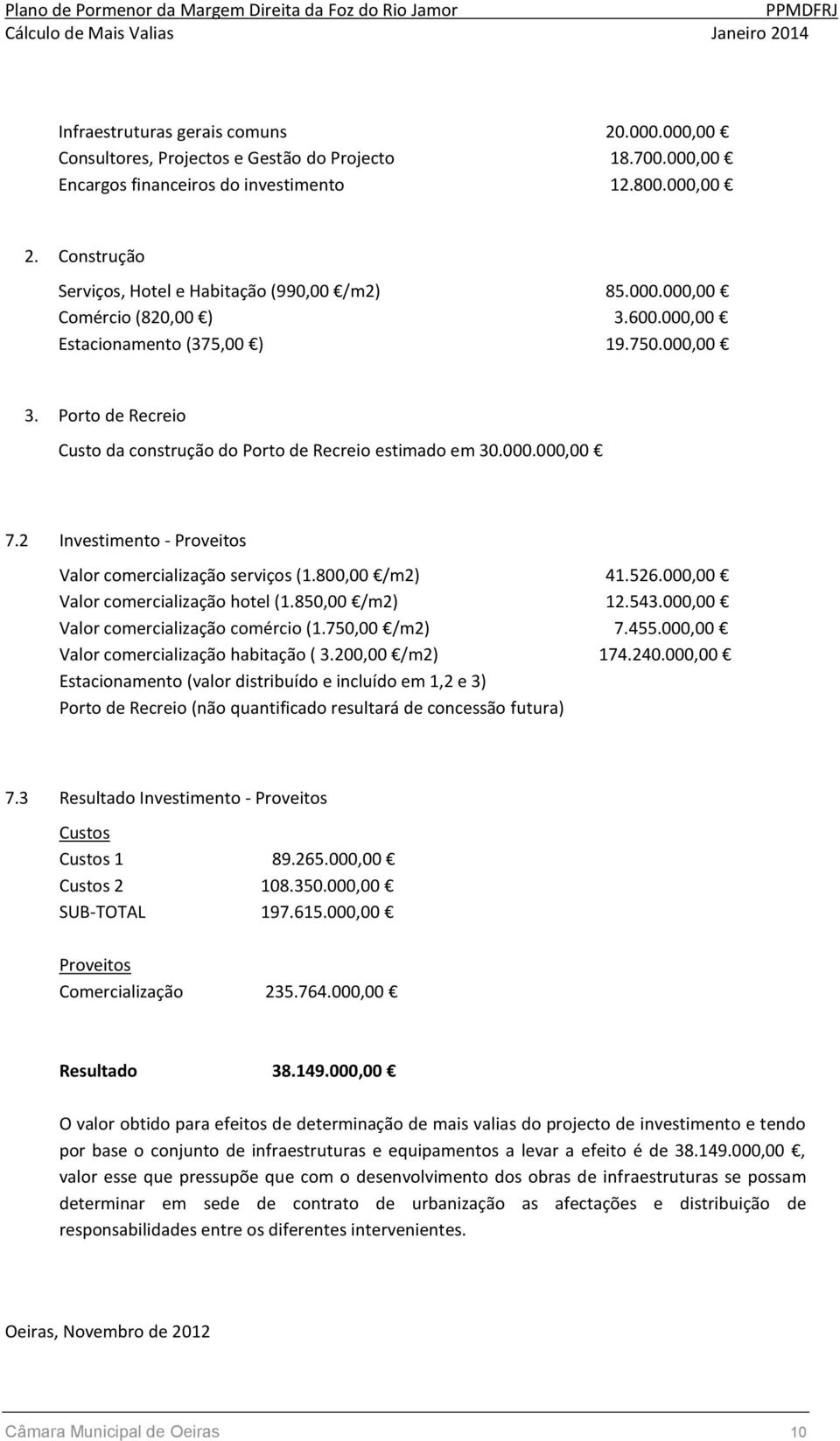 Porto de Recreio Custo da construção do Porto de Recreio estimado em 30.000.000,00 7.2 Investimento - Proveitos Valor comercialização serviços (1.800,00 /m2) 41.526.