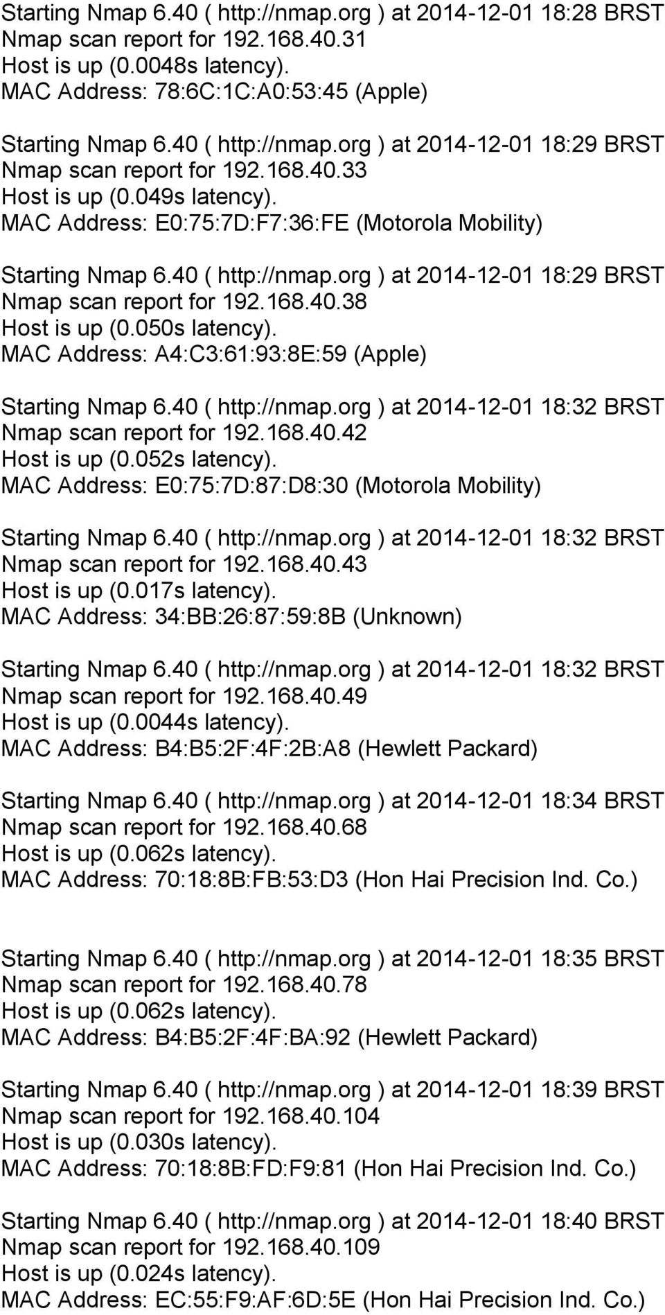MAC Address: A4:C3:61:93:8E:59 (Apple) Nmap scan report for 192.168.40.42 Host is up (0.052s latency). MAC Address: E0:75:7D:87:D8:30 (Motorola Mobility) Nmap scan report for 192.168.40.43 Host is up (0.