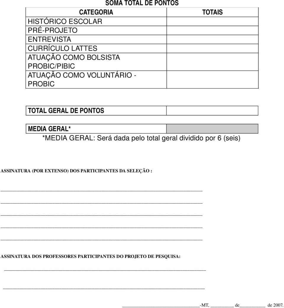 GERAL* *MEDIA GERAL: Será dada pelo total geral dividido por 6 (seis) ASSINATURA (POR EXTENSO) DOS