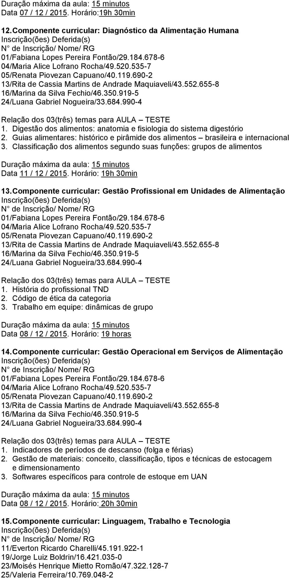 Componente curricular: Gestão Profissional em Unidades de Alimentação 1. História do profissional TND 2. Código de ética da categoria 3. Trabalho em equipe: dinâmicas de grupo Data 08 / 12 / 2015.