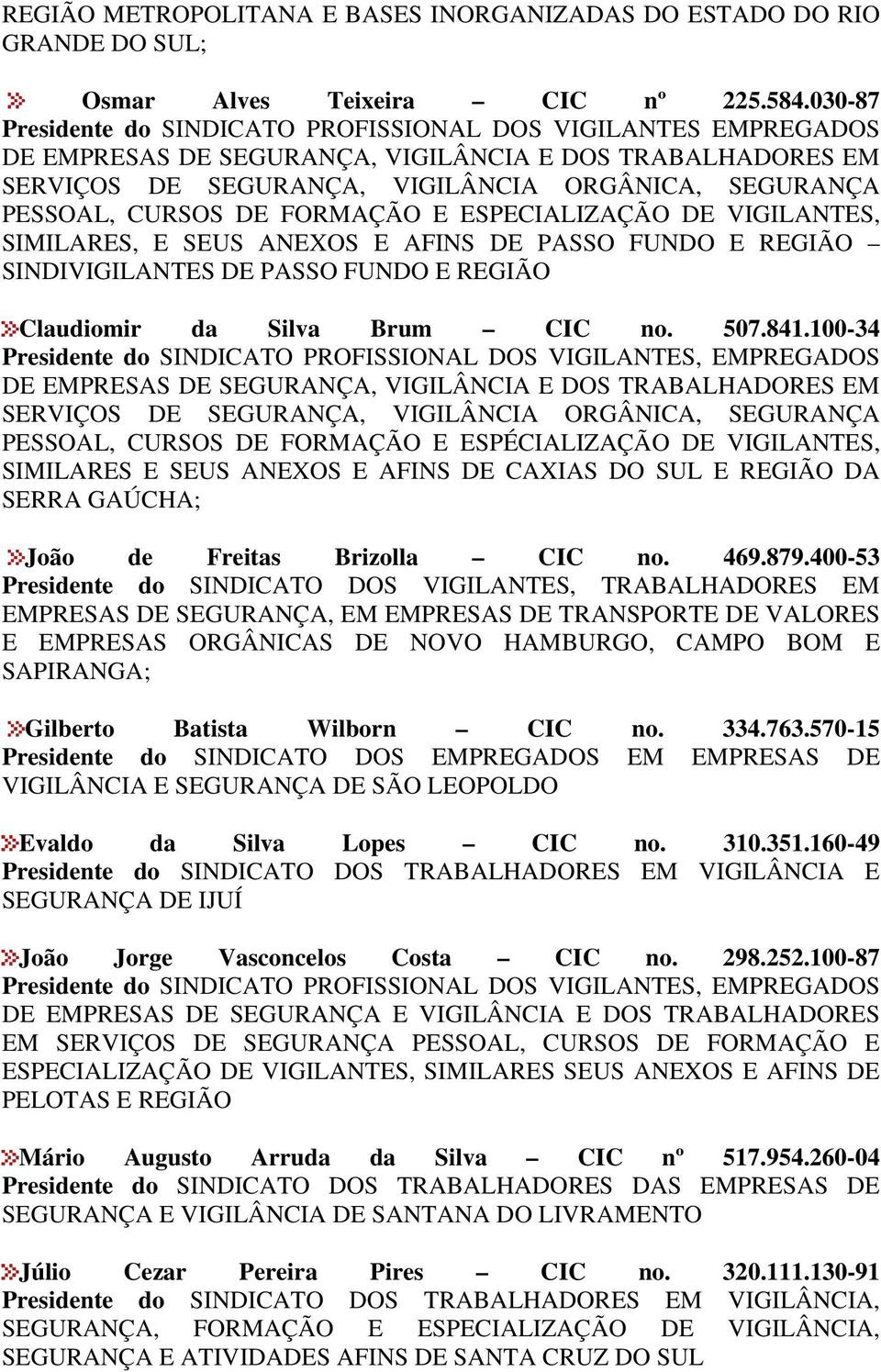 DE FORMAÇÃO E ESPECIALIZAÇÃO DE VIGILANTES, SIMILARES, E SEUS ANEXOS E AFINS DE PASSO FUNDO E REGIÃO SINDIVIGILANTES DE PASSO FUNDO E REGIÃO Claudiomir da Silva Brum CIC no. 507.841.