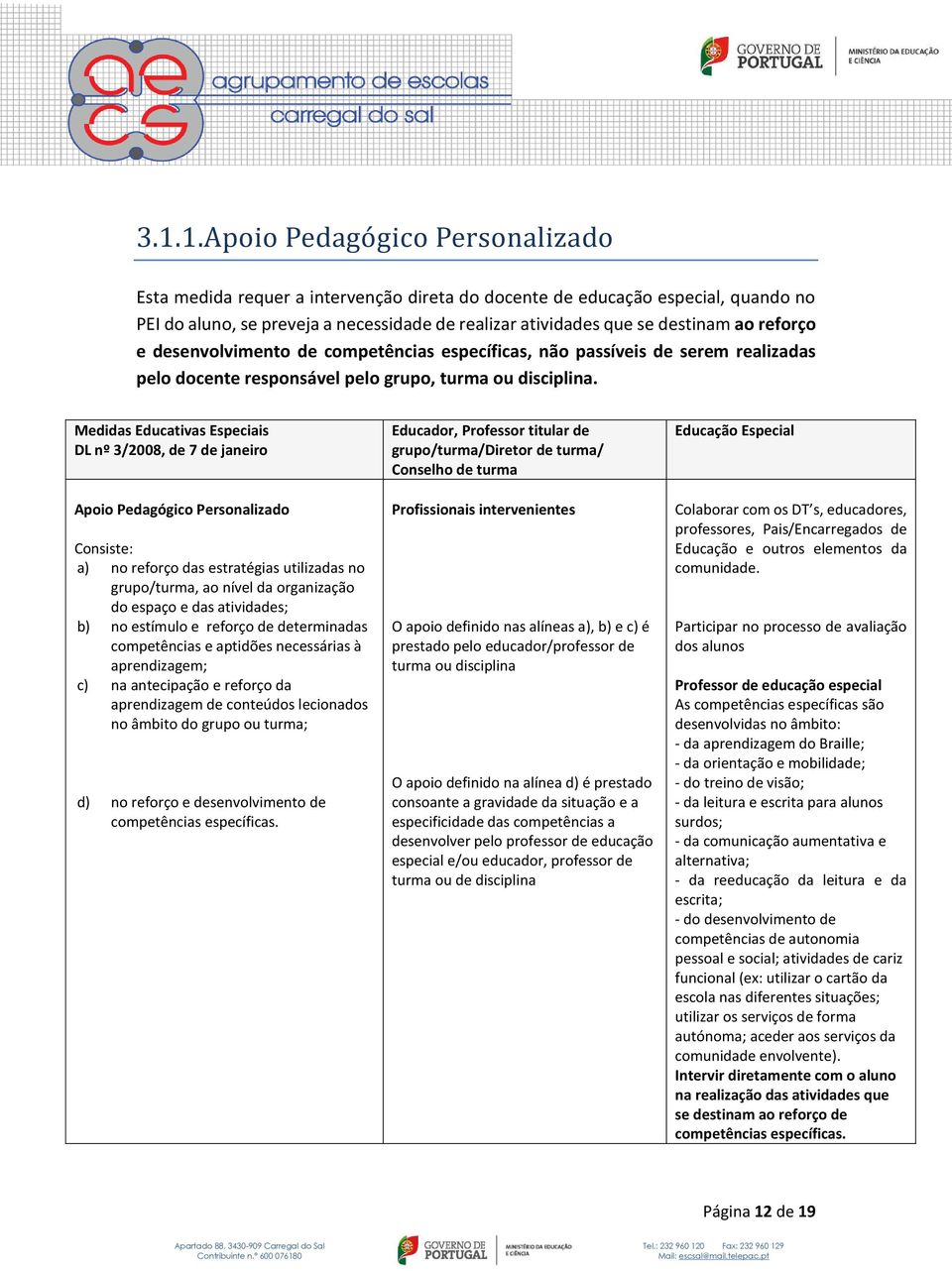 Medidas Educativas Especiais DL nº 3/2008, de 7 de janeiro Apoio Pedagógico Personalizado Consiste: a) no reforço das estratégias utilizadas no grupo/turma, ao nível da organização do espaço e das