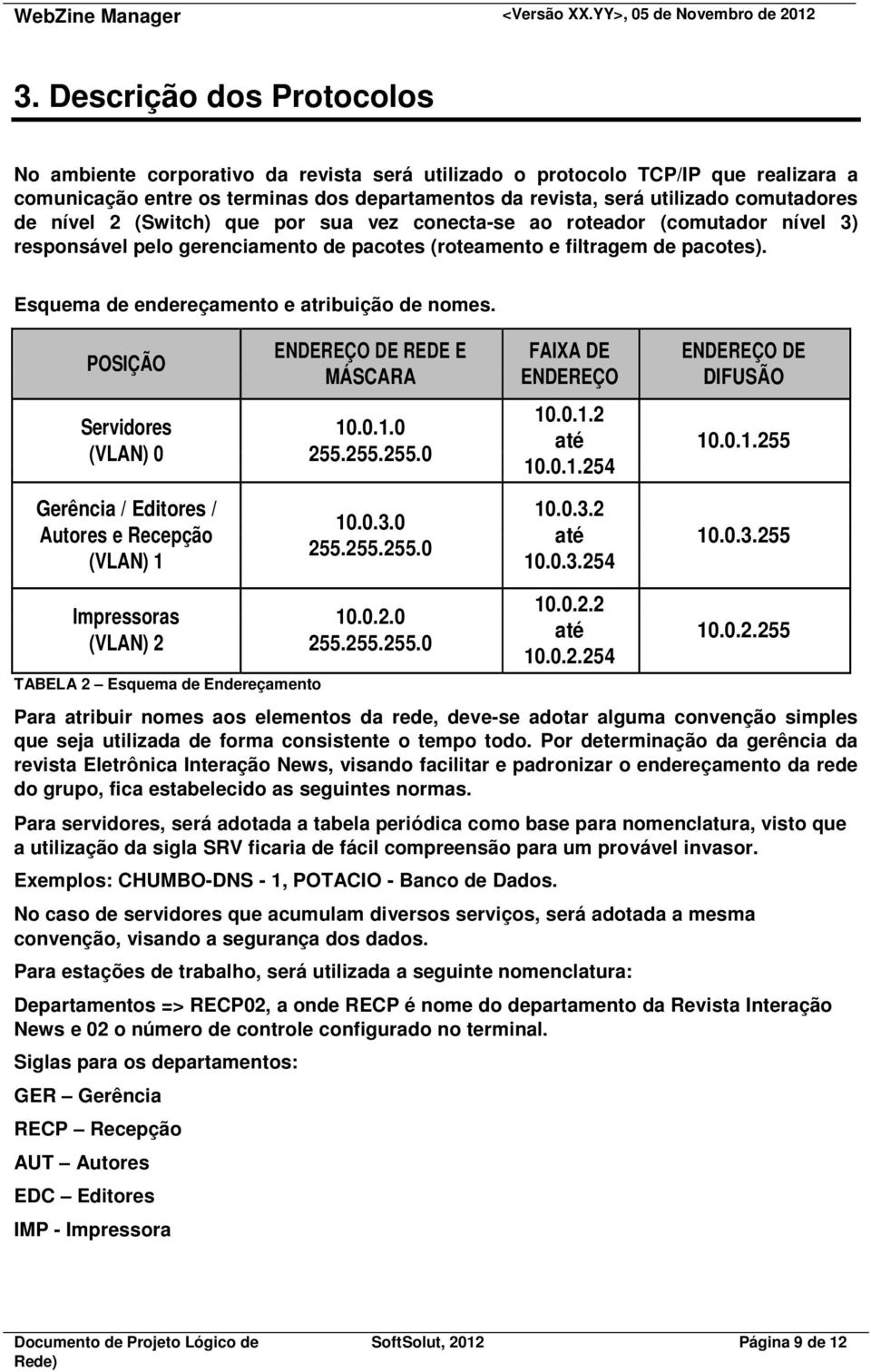 Esquema de endereçamento e atribuição de nomes. POSIÇÃO Servidores 10.0.1.0 (VLAN) 0 255.255.255.0 ENDEREÇO DE REDE E FAIXA DE ENDEREÇO DE MÁSCARA ENDEREÇO DIFUSÃO 10.0.1.2 até 10.0.1.255 10.0.1.254 Gerência / Editores / 10.