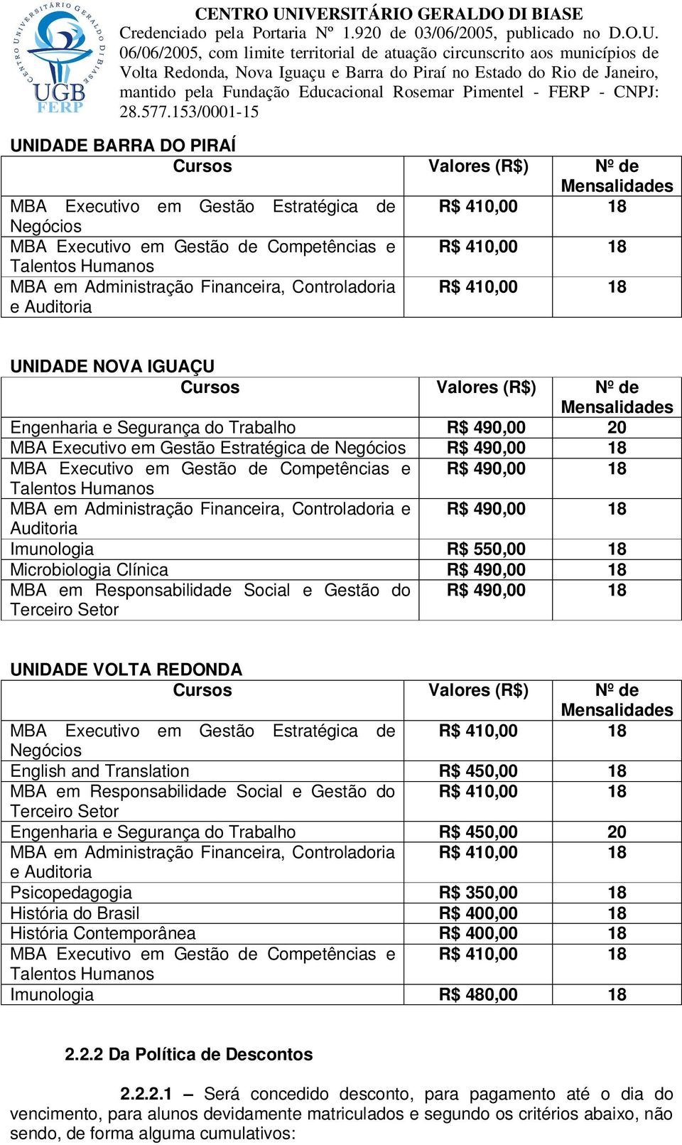 Negócios R$ 490,00 18 MBA Executivo em Gestão de Competências e R$ 490,00 18 MBA em Administração Financeira, Controladoria e R$ 490,00 18 Auditoria Imunologia R$ 550,00 18 Microbiologia Clínica R$