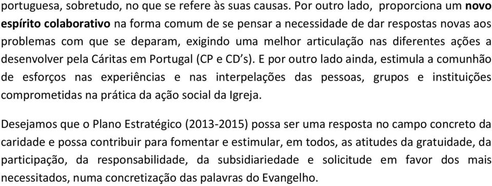 diferentes ações a desenvolver pela Cáritas em Portugal (CP e CD s).