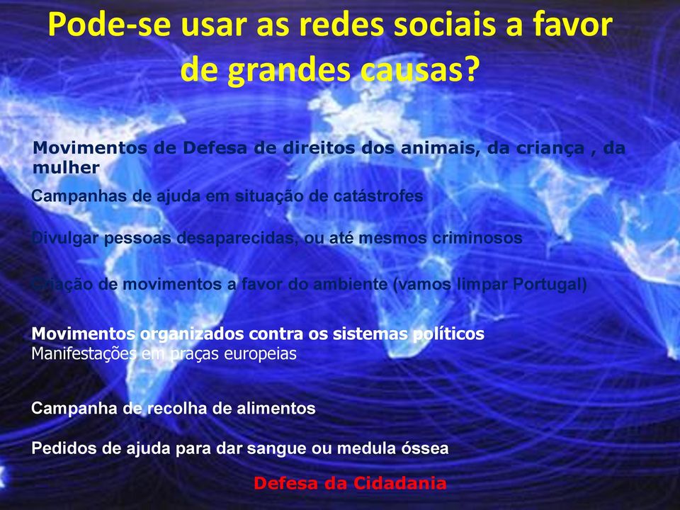 Divulgar pessoas desaparecidas, ou até mesmos criminosos Criação de movimentos a favor do ambiente (vamos limpar