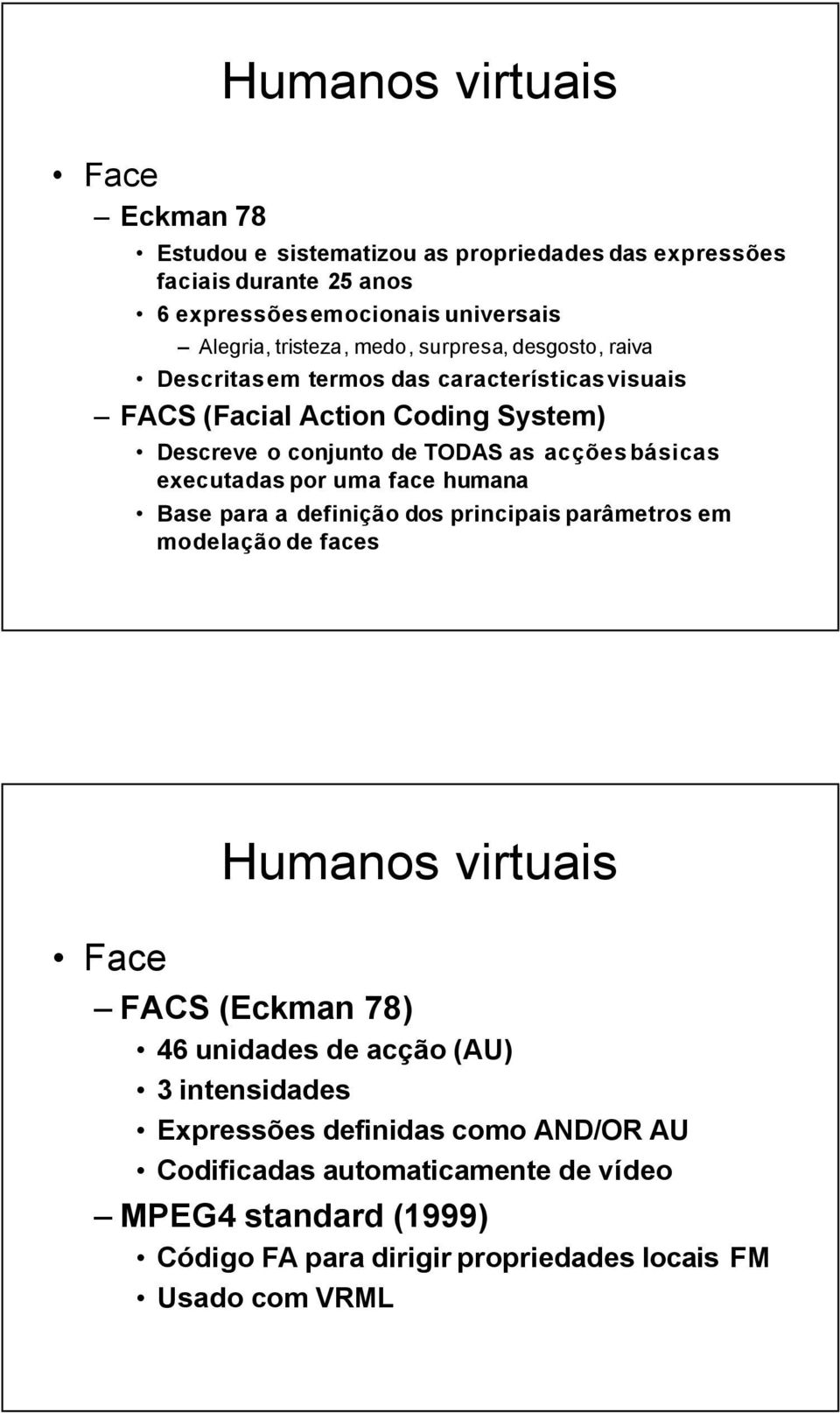 executadas por uma face humana Base para a definição dos principais parâmetros em modelação de faces FACS (Eckman 78) 46 unidades de acção (AU) 3
